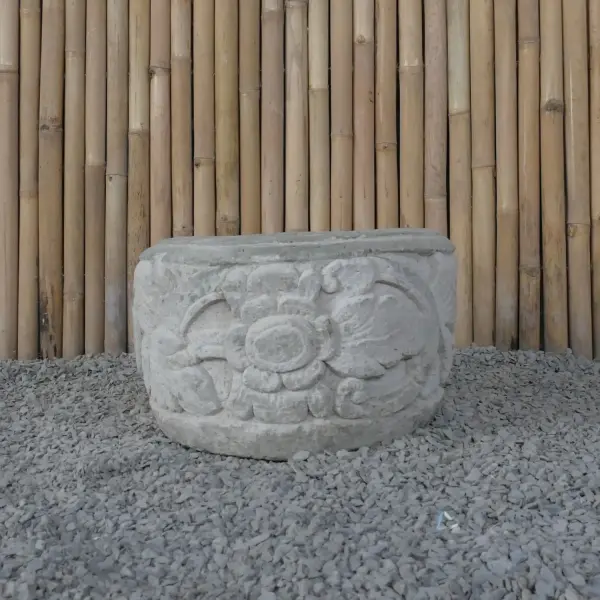 Product image 5 of the product “Balinese style flat round pot, with carving - 50cm Dia., 30 cm Height, Taro sand ”
